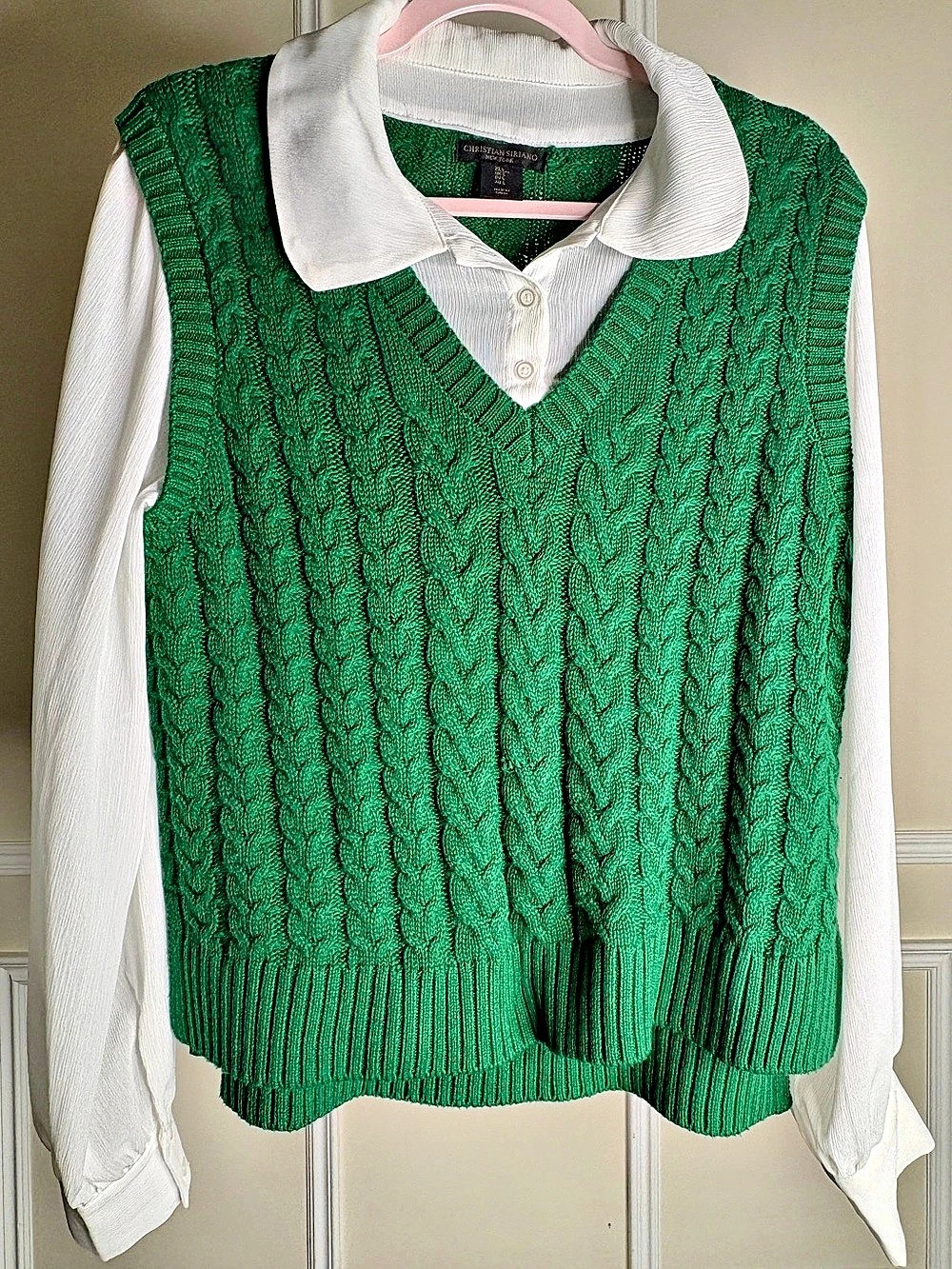 Christian Siriano Green Cable Knit V-Neck Sweater Vest Layered over a Crisp Whit